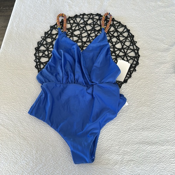 FARM RIO Breaded Strap One-Piece Swimsuit, Blue, Small, $195 - Picture 7 of 9